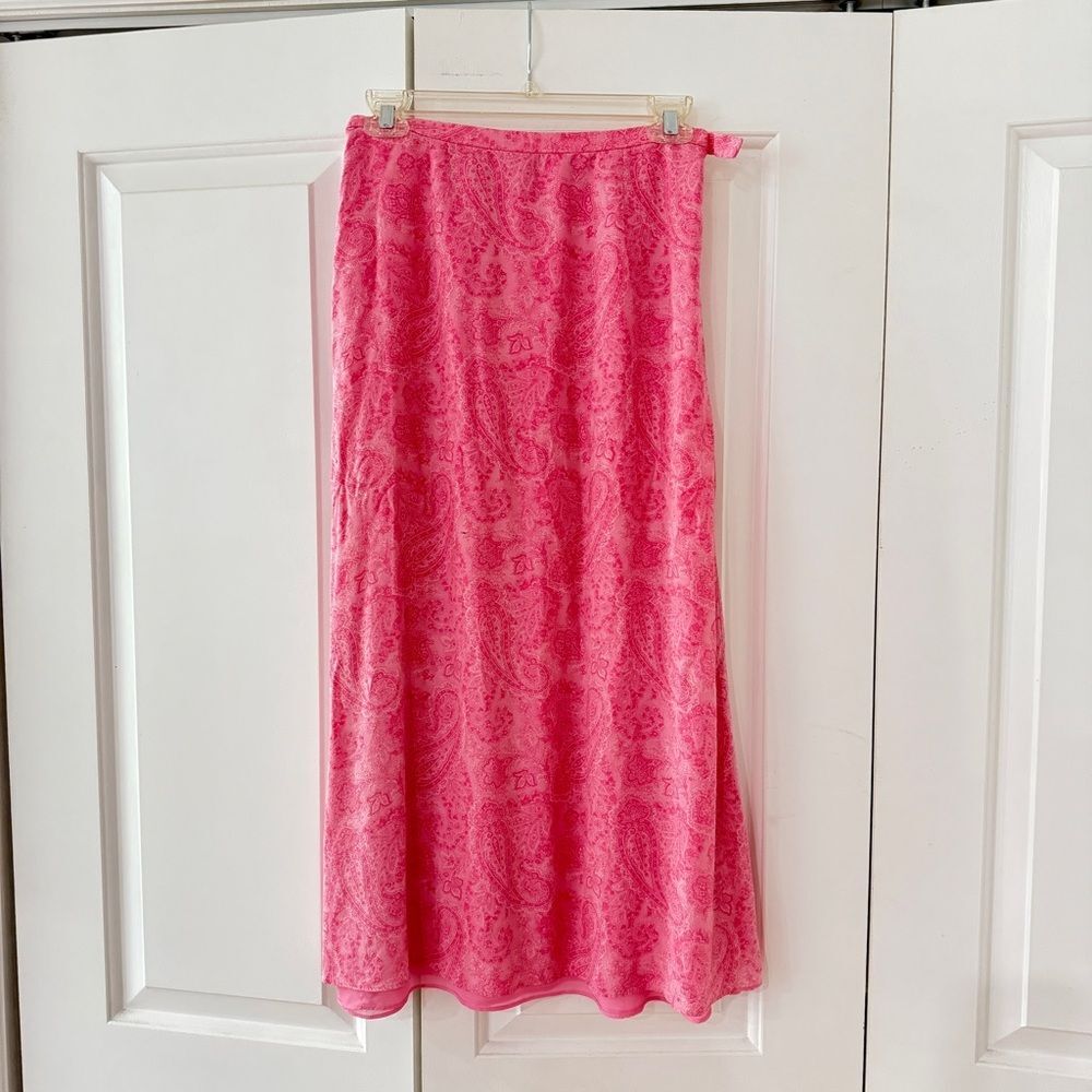 Vintage 90s Y2K Talbots Pure Silk Midi Skirt Pink Paisley A-Line